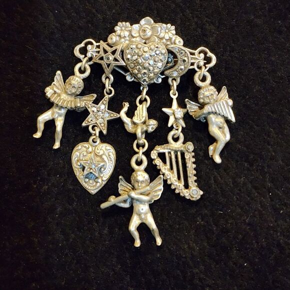 Kirks Folly Vintage Heart, Cherubs, Crystals antiqued Silver bronze tone Brooch - Picture 1 of 12